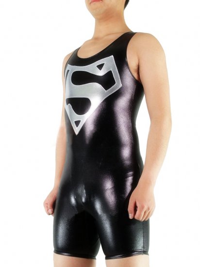 Cheap Sleeveless Short Black Superman Shiny Metallic Catsuit - Click Image to Close