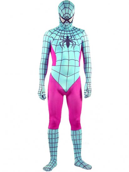 Cheap Lycra Spandex Cyan with Red Pink Spiderman Zentai Costume - Click Image to Close