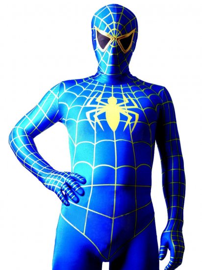 Cheap Lycra Spandex Blue Spiderman Costume Outfit Zentai with Ye - Click Image to Close