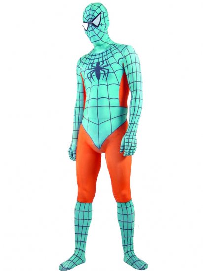 Cheap Lycra Spandex Cyan with Orange Spiderman Zentai Costume - Click Image to Close