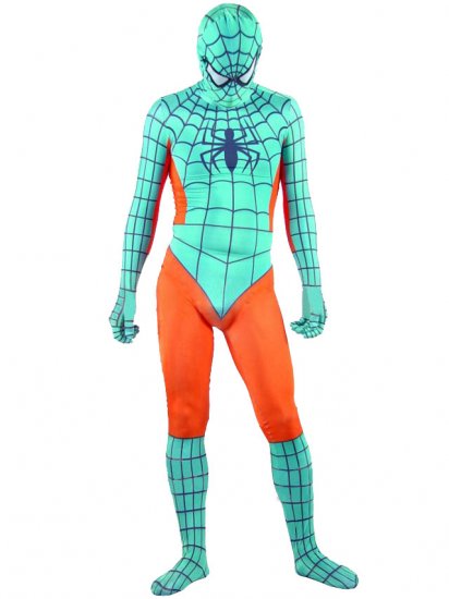 Cheap Lycra Spandex Cyan with Orange Spiderman Zentai Costume - Click Image to Close
