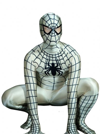 Cheap Black Stripe Lycra Spandex White Spiderman Costume Zentai - Click Image to Close