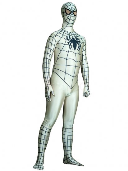 Cheap Black Stripe Lycra Spandex White Spiderman Costume Zentai - Click Image to Close
