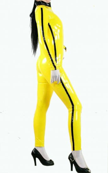 Cheap Yellow and black strip PVC Front Open Catsuit - Click Image to Close