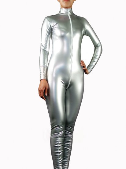 Cheap Silver PVC Front Open Unisex Catsuit - Click Image to Close