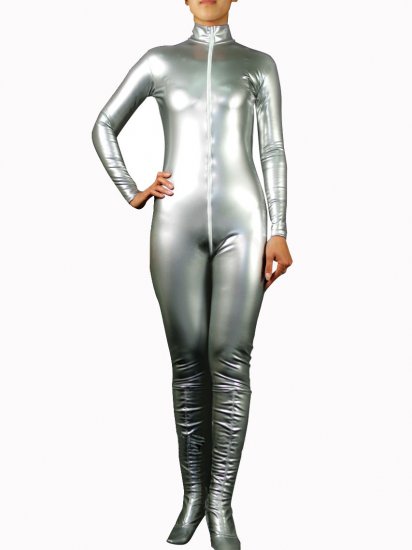 Cheap Silver PVC Front Open Unisex Catsuit - Click Image to Close